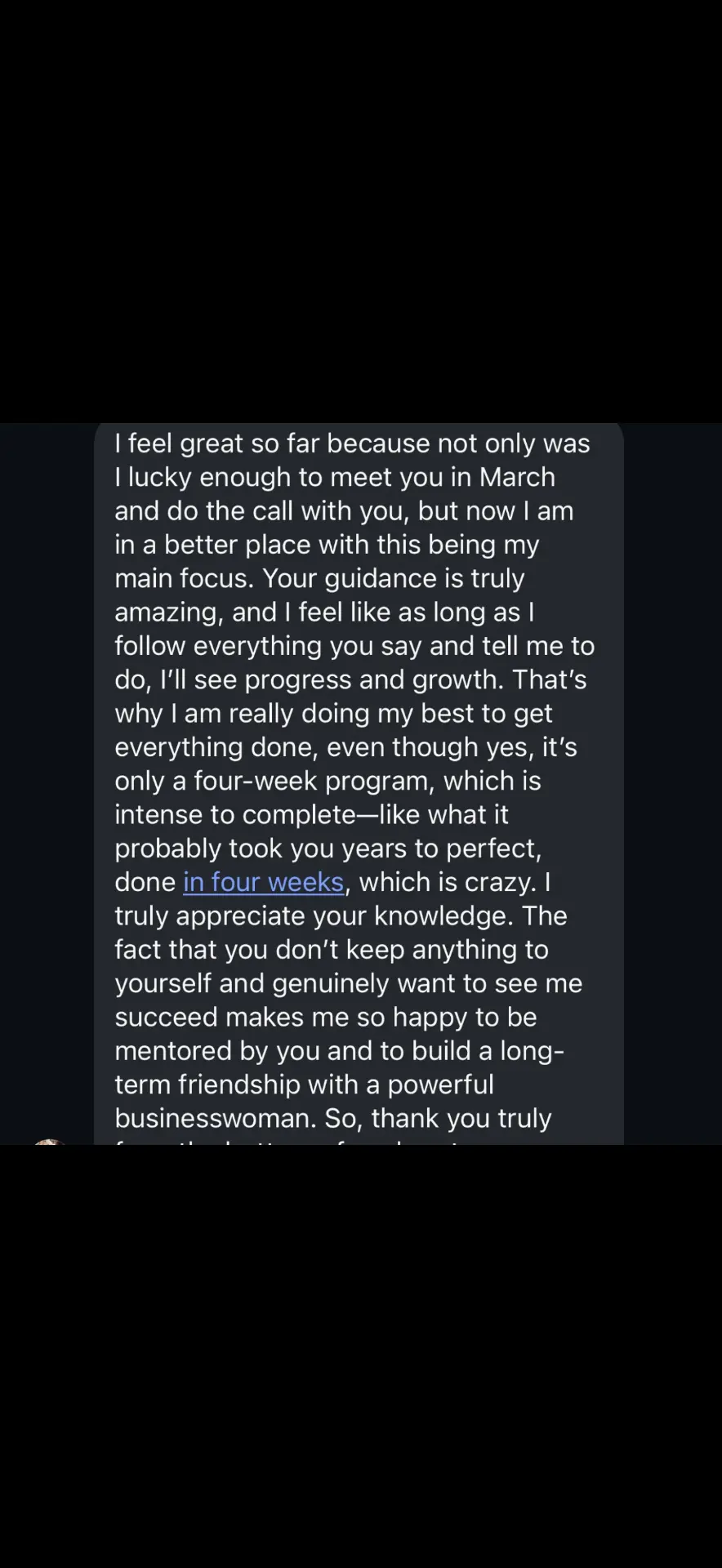 Client message thanking Kaila for guidance in the four week program